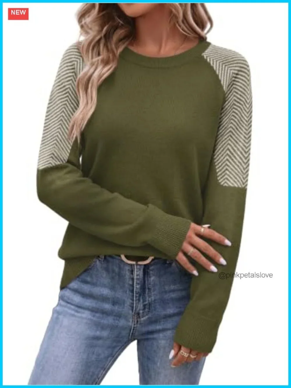 Womens Soft Knit Sweater Contrast Raglan Sleeve Crewneck Pullover